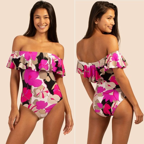 TRINA TURK Lynx Gemini Ruffle Off the Shoulder One Piece SWIMSUIT 4 Floral $162 - Picture 1 of 10